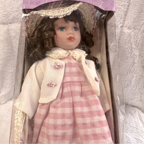 Collectible Porcelain Doll with Brown Curl Hair Pink Dress Straw Hat with Stand - Picture 3 of 13
